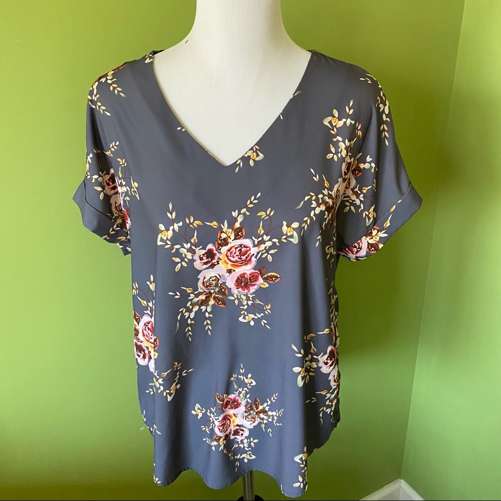 Gray Floral V-neck Blouse